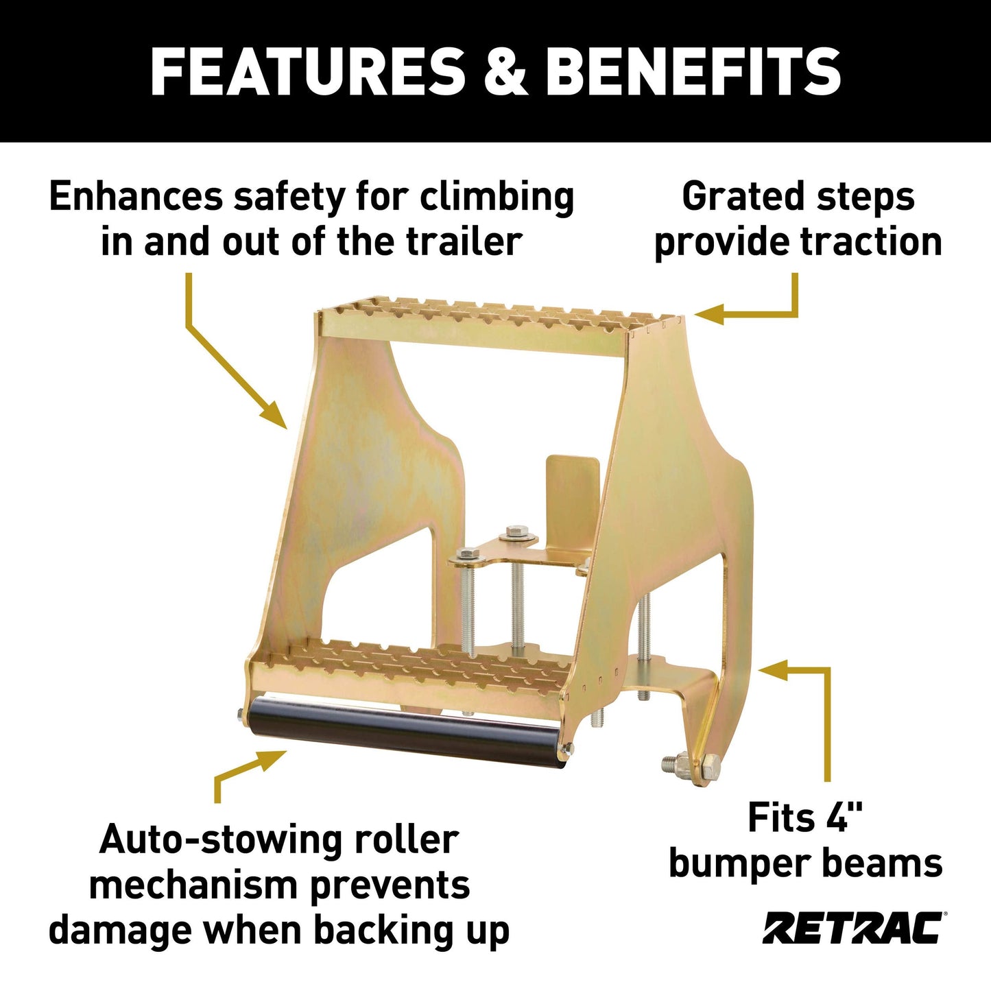 RETRAC 409924 Highrise Folding Rear Semi Truck Steps with Auto-Stow, Fits 4-Inch Bumper Beam, Steel, 600 lbs, Semi Trailers, Box Trucks
