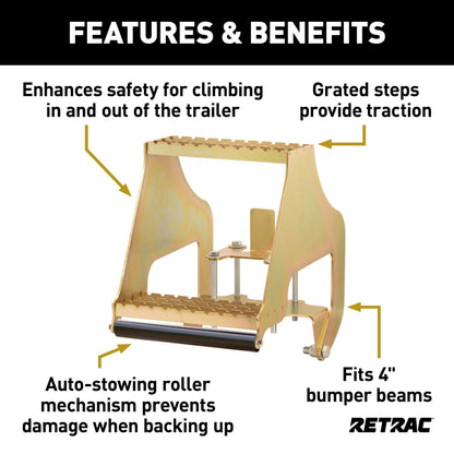 RETRAC 409924 Highrise Folding Rear Semi Truck Steps with Auto-Stow, Fits 4-Inch Bumper Beam, Steel, 600 lbs, Semi Trailers, Box Trucks