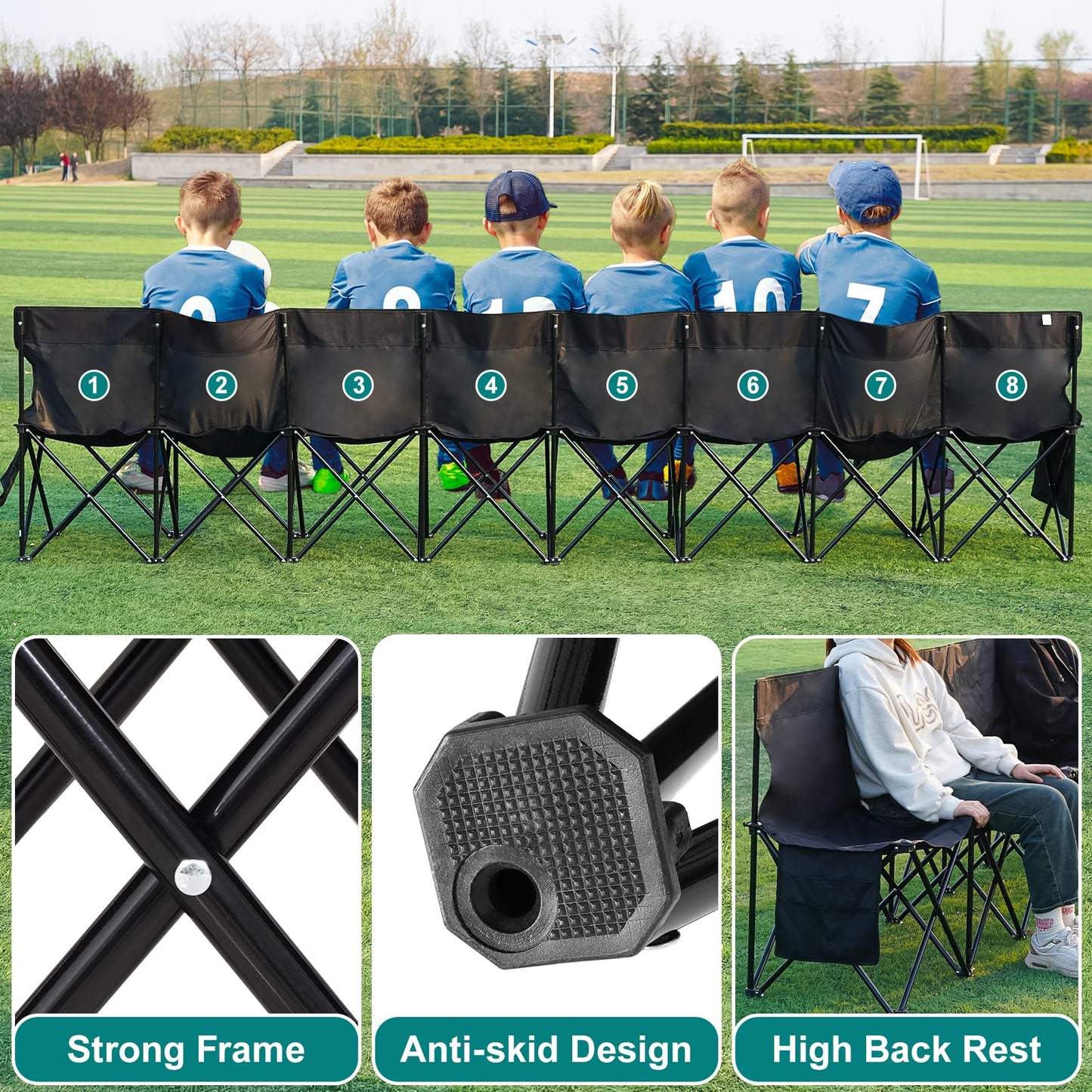 1MORE Soccer Bench - Portable Folding Team Bench, 8 Seats Foldable Sideline Benches, Soccer Chair with Bag & Backrest, Adult Team Chair for Football Camp Sport Events Outdoor Seating.Black