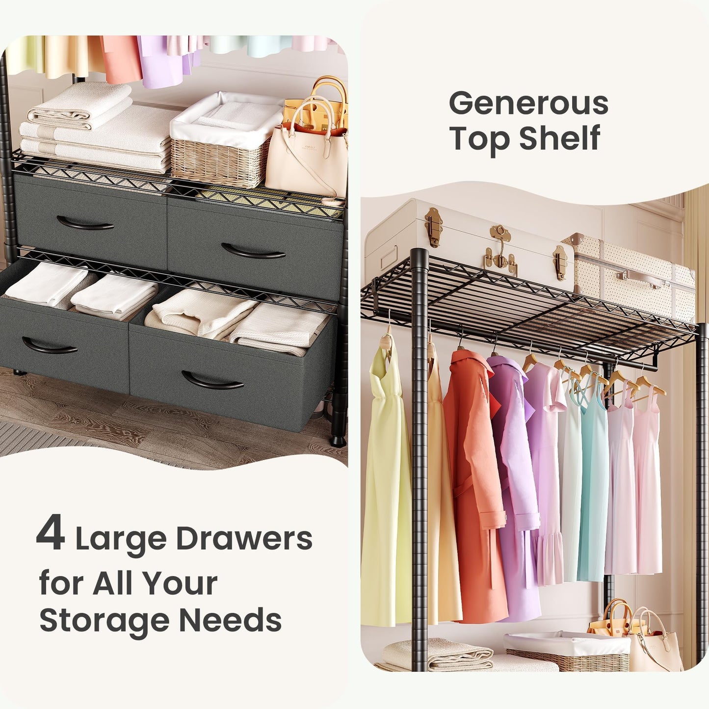 GarveeHome Portable Clothes Rack, Freestanding Garment Rack with 4 Fabric Drawers and Detachable Hang Rod, Metal Adjustable Closet Wire Clothing Racks, 35.4" Lx15.7 Wx71 H. Gray