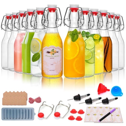 8oz Swing Top Glass Bottles - 12 Pack Flip Top Glass Bottle with Airtight Lid for Home Brewing, Fermentation, Beer, Vanilla Extract, Limoncelle, Kombucha, Kefir, Soda, Bonus Gaskets and Pourers