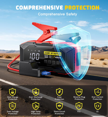 Jump Starter with Air Compressor, Portable Car Battery Jump Starter(12 Gas/10L Diesel), 4000A Peak 160PSI 12V Automobile Jump Box Pack Chargers with Jumper Cables, 4-Mode LED Lights (Black&Red)