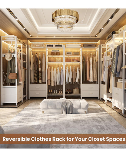 78.7'' Clothes Rack for Hanging Clothes - Reversible Clothing Rack with 2 Drawers, Heavy Duty Garment Racks with Shelves, 6 Tiers Freestanding Portable Closet Wardrobe System with Hanging Hooks, White
