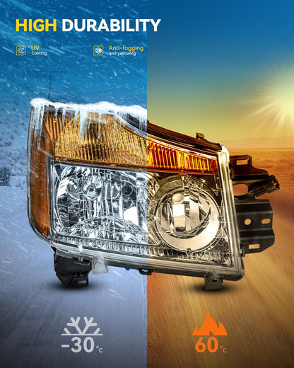 PHILTOP Headlights Assembly for 2005-2007 Nissan Armada, 2004 Nissan Pathfinder Armada, 2004-2015 Nissan TITAN,Chrome Housing Clear Lens Amber Reflector,Halogen Headlamps (Driver + Passenger Side)