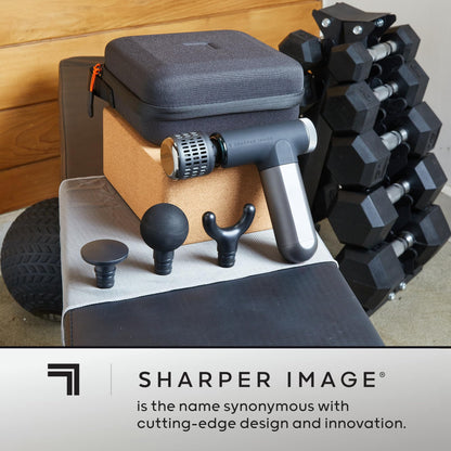 Sharper Image® Powerboost® Pro+ Hot & Cold Deep Tissue Massage Gun - 6 Speeds, 6 Attachments, 5-Hour Battery, Travel Case, Charging Base, Shoulder & Back Massager, Pain Relief Tool, FSA Eligible