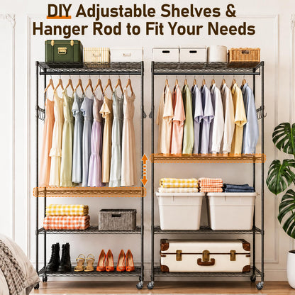 UEAKPIC 4 Tier Heavy Duty Wire Garment Rack, Adjustable Rolling Clothes Rack with Hanging Rod & Hook, Portable Closet Storage Organizers for Hanging Clothes, 35.4"W x 15.75"D x 70.9"H, 396LBS, Black