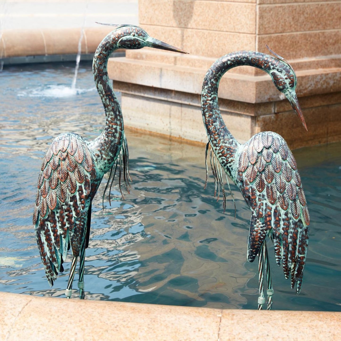 Kircust Garden Crane Statues, Standing Metal Patina Heron Decoy Outdoor Statue, 42-46 Inch Bird Yard Art for Patio Lawn Pond, Set of 2