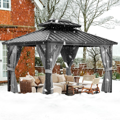 All-Weather 10' x 12' Hardtop Aluminum Gazebo with Double Metal Roof, Netting & Curtains – Permanent Outdoor Pavilion Pergolas for Patio, Deck, Garden & Backyard, Khaki