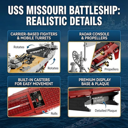 USS Missouri Battleship Building Blocks Set - Iowa-Class Warship Model 2228 Pieces 14+ Adult/Teen Building Toy 83cm Large Scale Replica with Display Stand for Collection &amp Decoration