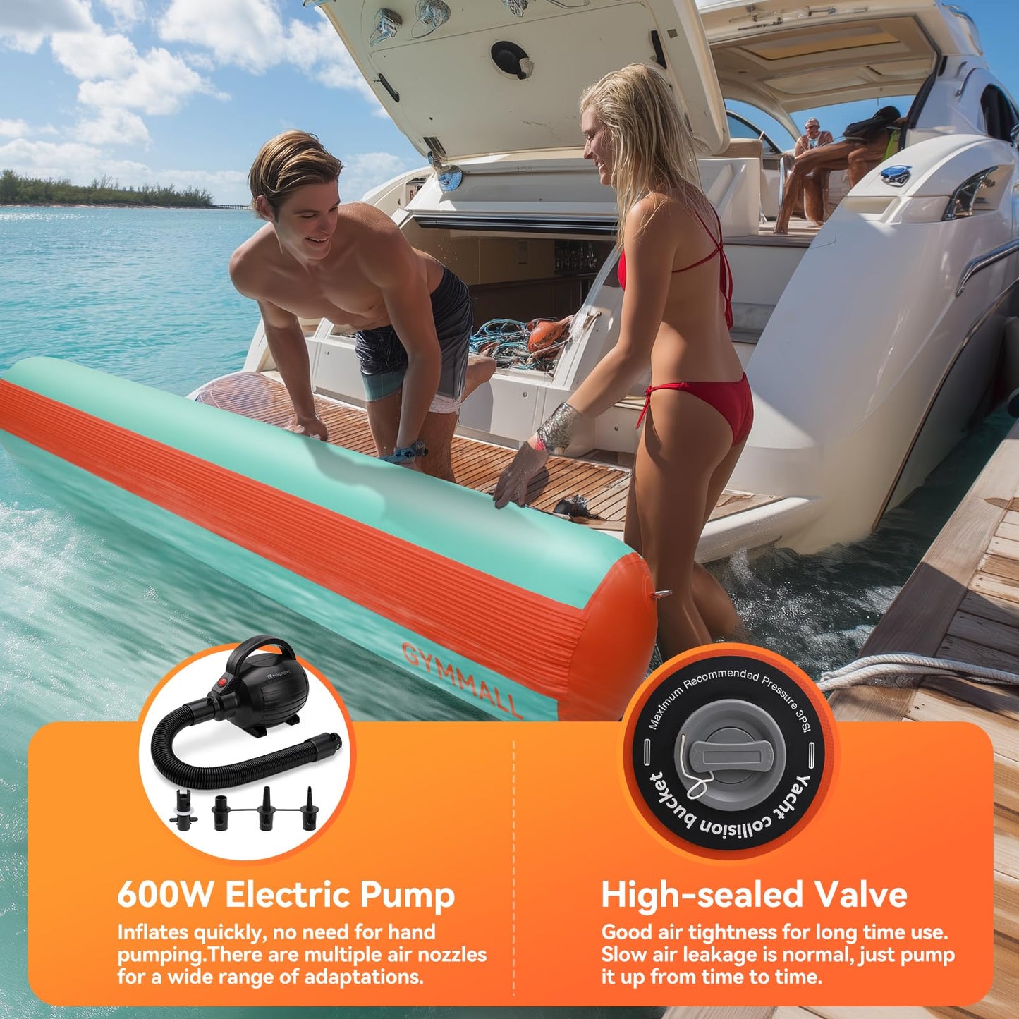 GYMMALL Inflatable Boat Bumpers for Docking Boat Fenders with 600W Electric Pump, 10FT Heavy Duty PVC Dock Bumpers Fenders 1 Pack for Fishing Boats, Jet Skis, Yachts, Floating Dock - Orange Green