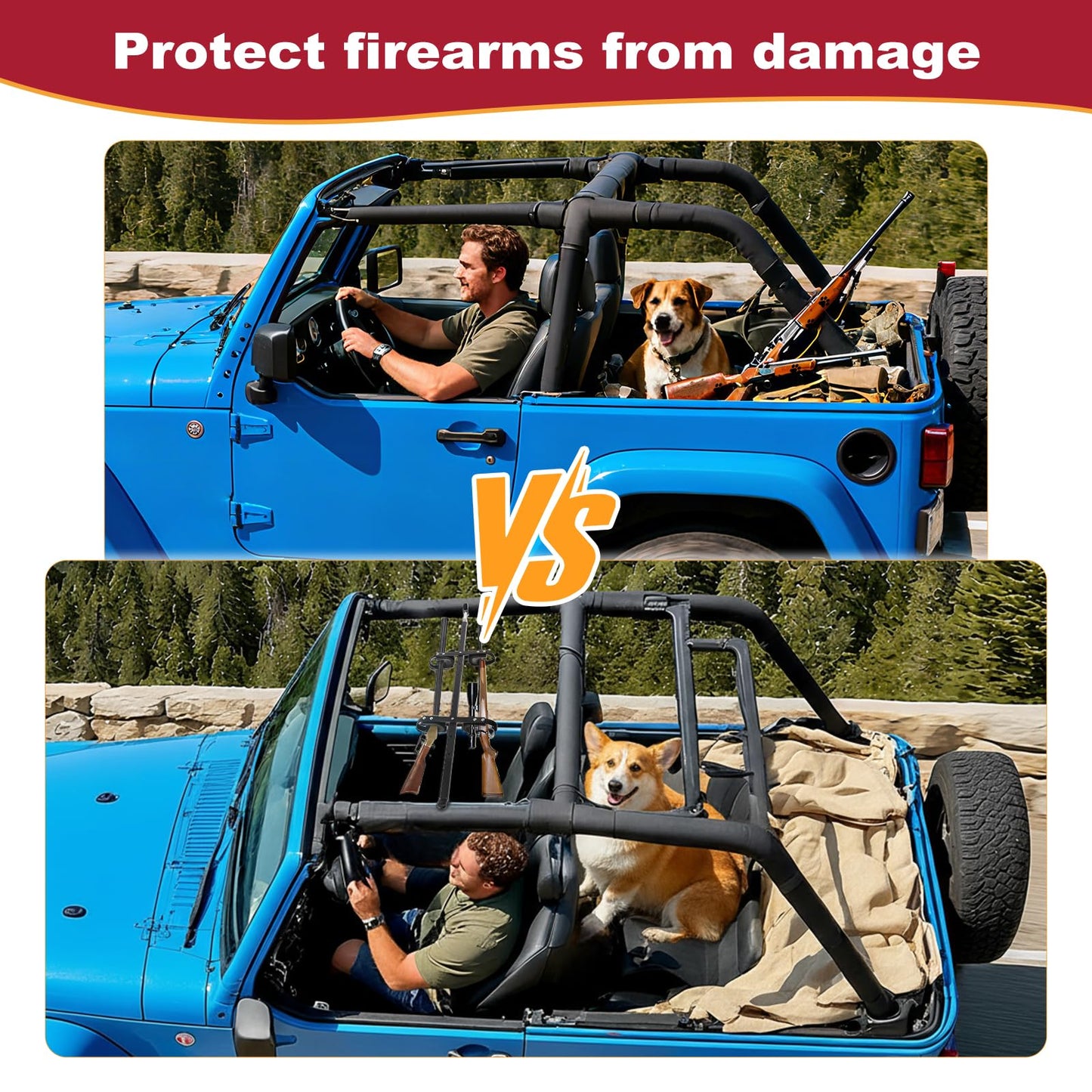 Overhead Gun Mount is Suitable for Jeep Wranglers with a roll bar Width of 42-48 inches，Tough Steel Mount, Built for Two.Universal Roof Top Gun Rack for Jeep Wrangler YJ, TJ, JK, & JL.