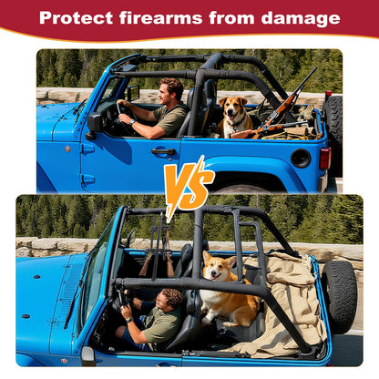 Overhead Gun Mount is Suitable for Jeep Wranglers with a roll bar Width of 42-48 inches，Tough Steel Mount, Built for Two.Universal Roof Top Gun Rack for Jeep Wrangler YJ, TJ, JK, & JL.