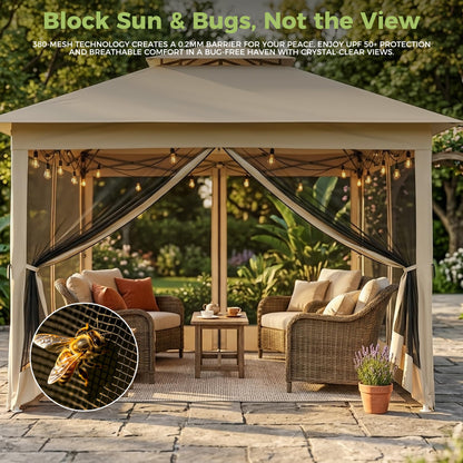 Solaroxy 10' x 10' Pop Up Gazebo Tent, Outdoor Screen Canopy Shelter, Instant Patio Sun Shade Gazebo Tent with 2 Tiers Roof & Mesh Netting for Garden, Lawn, Backyard, Party, Beige