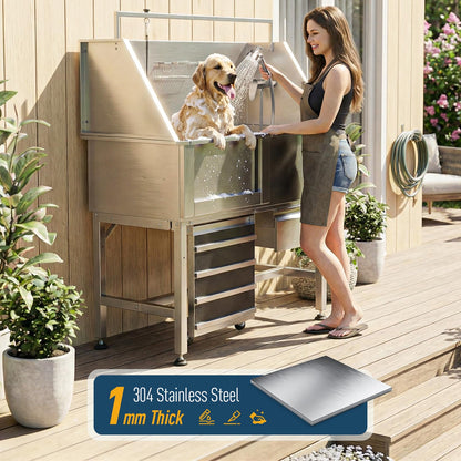 46" Heavy Duty Dog Washing Station - 304 Stainless Steel Pet Bathing Tub with Left Side Ramp, Elevated Grooming Sink with Storage Drawer & Removable Floor Grate, Outdoor Ready for Large & Medium Dogs