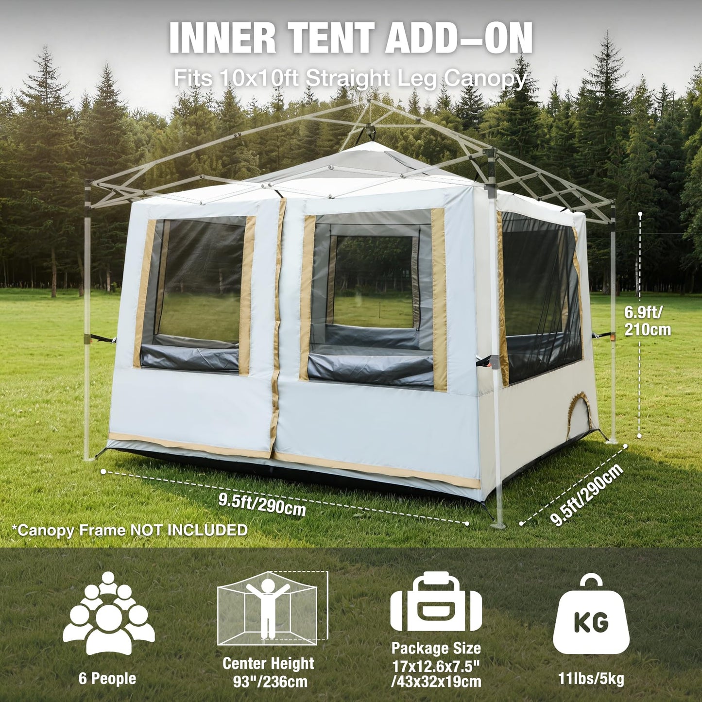 REDCAMP Canopy Camping Tent for Pop Up Canopy, Inner Tent with Mesh Window, Converts Straight Leg 10ft Canopy into Camping Shelter, Fits 4-6 Person, Khaki White(Frame/Shelter NOT Included)