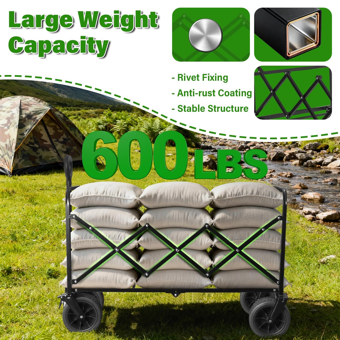 Folding Wagon Cart with All-Terrain Wheels – Heavy Duty Collapsible Utility Wagon for Grocery, Sports, Garden, Camping, Shopping (Black 600LBS)