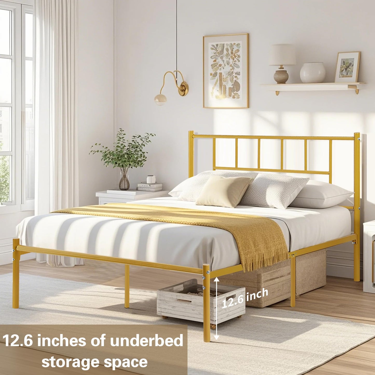 VECELO Full Metal Platform Bed Frame with Headboard, Heavy Duty Steel Slat Support, Under Bed Storage,No Box Spring Needed, Easy Assembly