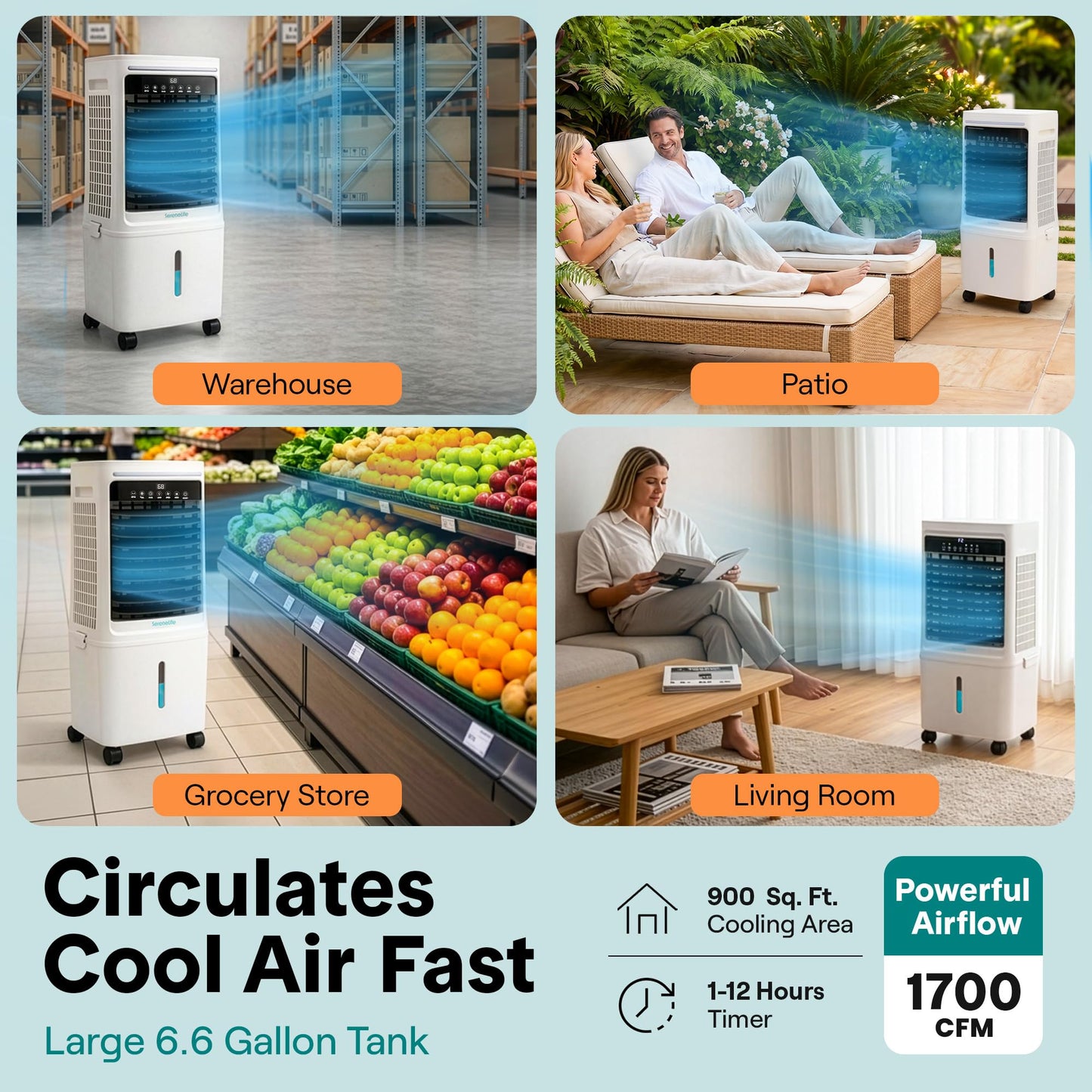 SereneLife Tower Fan, Smart Stand Up Bladeless Tower Fan with WiFi and Remote Control, 1700 CFM High Velocity Output, 25 Liter Detachable Water Tank, Boosted AC Flow with 4 Ice Packs Included