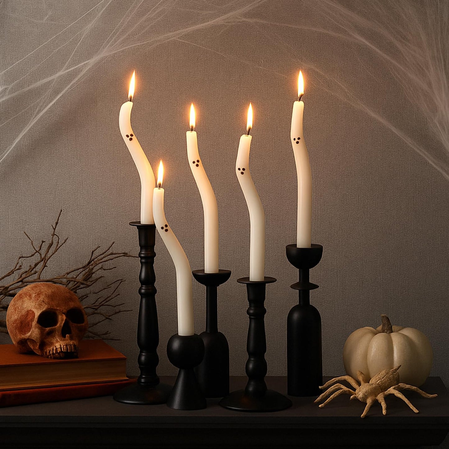 Nuanchu 10 Pcs Halloween Ghost Taper Candles Spiral Unscented White Candles Realistic Twisted Halloween Decor for Home Table Ghost Spooky Decorations Party Supplies(Candlesticks Not Included)