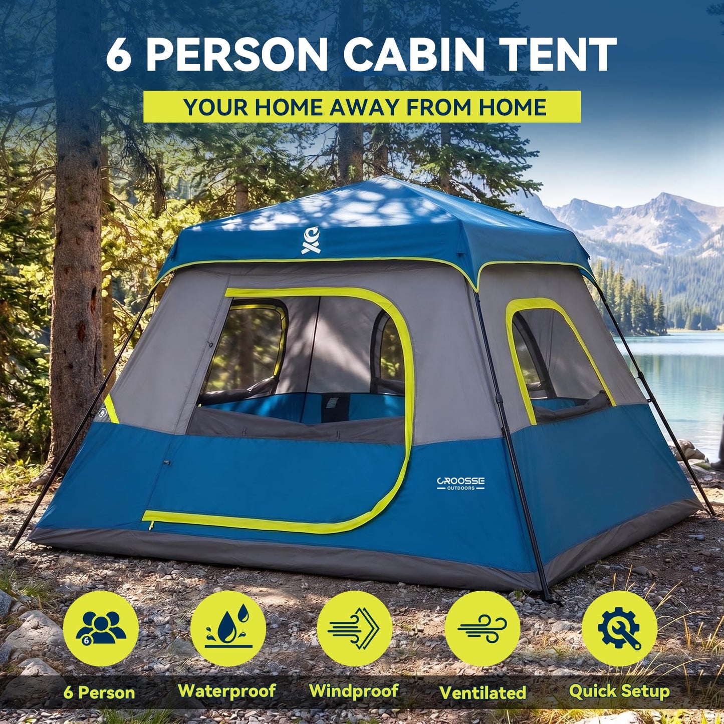6 Person Instant Cabin Tent, Quick & Easy Setup Automatic Camping Tent, Waterproof Windproof Family Tent with Top Rainfly and Carry Bag, Portable Outdoor Shelter for Hiking & Traveling