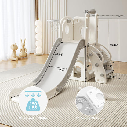 CuFun 6 in 1 Toddler Slide, Indoor Outdoor Playground for Kids 1-3, Baby Slide with Basketball Hoop, Storage, Climber and Telescope,Gray White