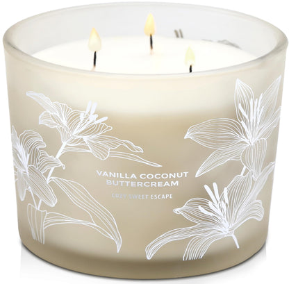 Vanilla Coconut Buttercream Candle | Large 3 Wick Scented Soy Candle for Home | 14.5oz Vanilla Coconut Aromatherapy Candle | Vanilla Cupcake Candle | Long Lasting Clean Burn | Gift for Women & Men