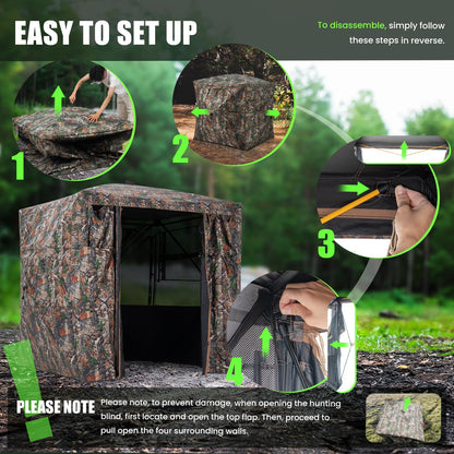 HUNTSEN 3-4 Person Hunting Blind - 270 Degree See Through Deer Blind with Magnetic Full Open Door - Pop Up Ground Blinds - Portable Resilient Hunting Tent for Deer & Turkey