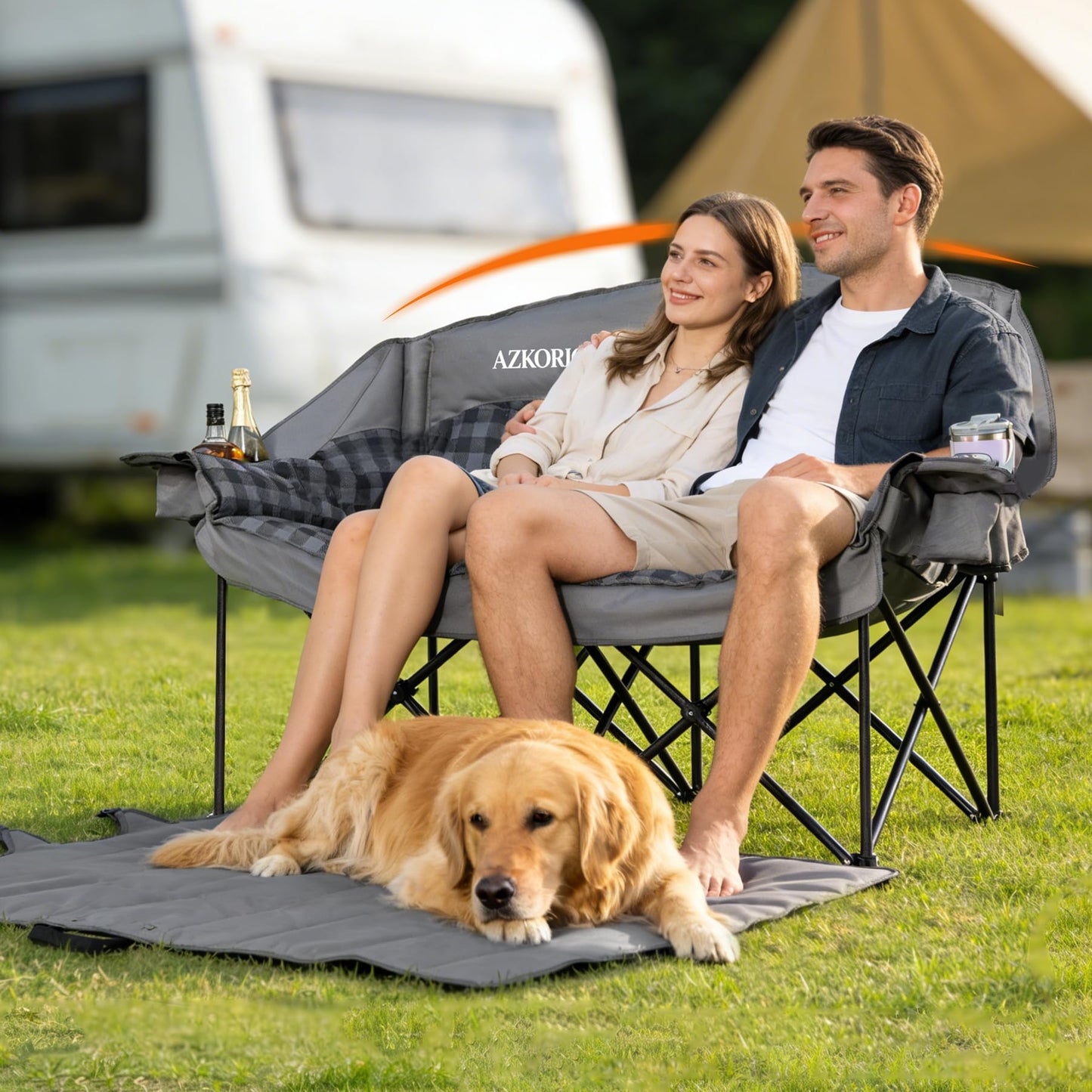 Oversized Double Camping Chair Heavy Duty Padded Double Folding Chair with Cup Holders & Carry Bag Foldable 2 Person Camping Chairs Outdoor Portable Couch for Lawn, Sports - Supports 900LBS Grey