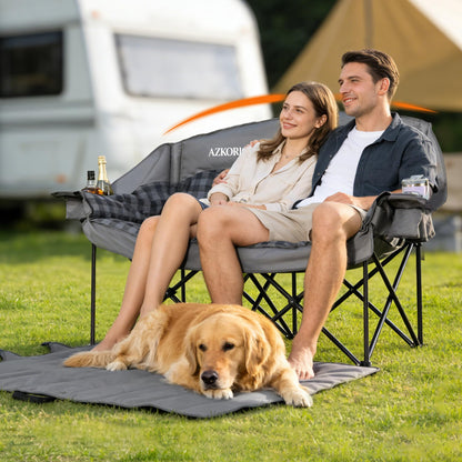 Oversized Double Camping Chair Heavy Duty Padded Double Folding Chair with Cup Holders & Carry Bag Foldable 2 Person Camping Chairs Outdoor Portable Couch for Lawn, Sports - Supports 900LBS Grey