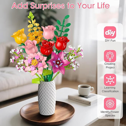 Flowers Bouquet Building Set 765PCS Wildflower Botanical Collection Kit Artificial Plant Floral Toy for Adults Women Kids Girls Home Office Decor Gift for Christmas Valentine's Day Mother's Day