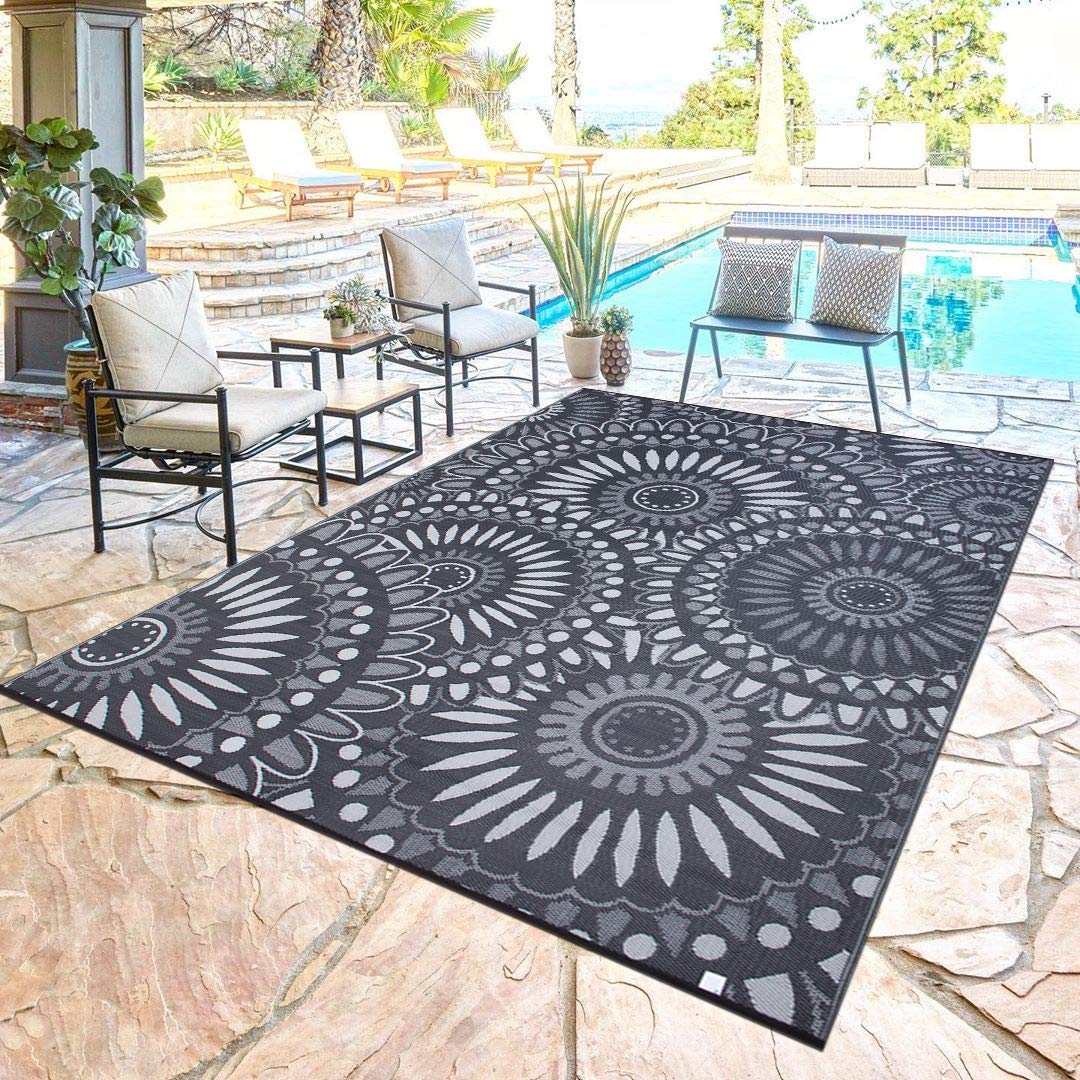 Santex Reversible Outdoor/Indoor Plastic Straw Rugs Waterproof Portable Mat Easy to Clean Outdoor Patio Mat, Perfect for Garden, Patio, Picnic, Decking-（Grey,9x18Ft
