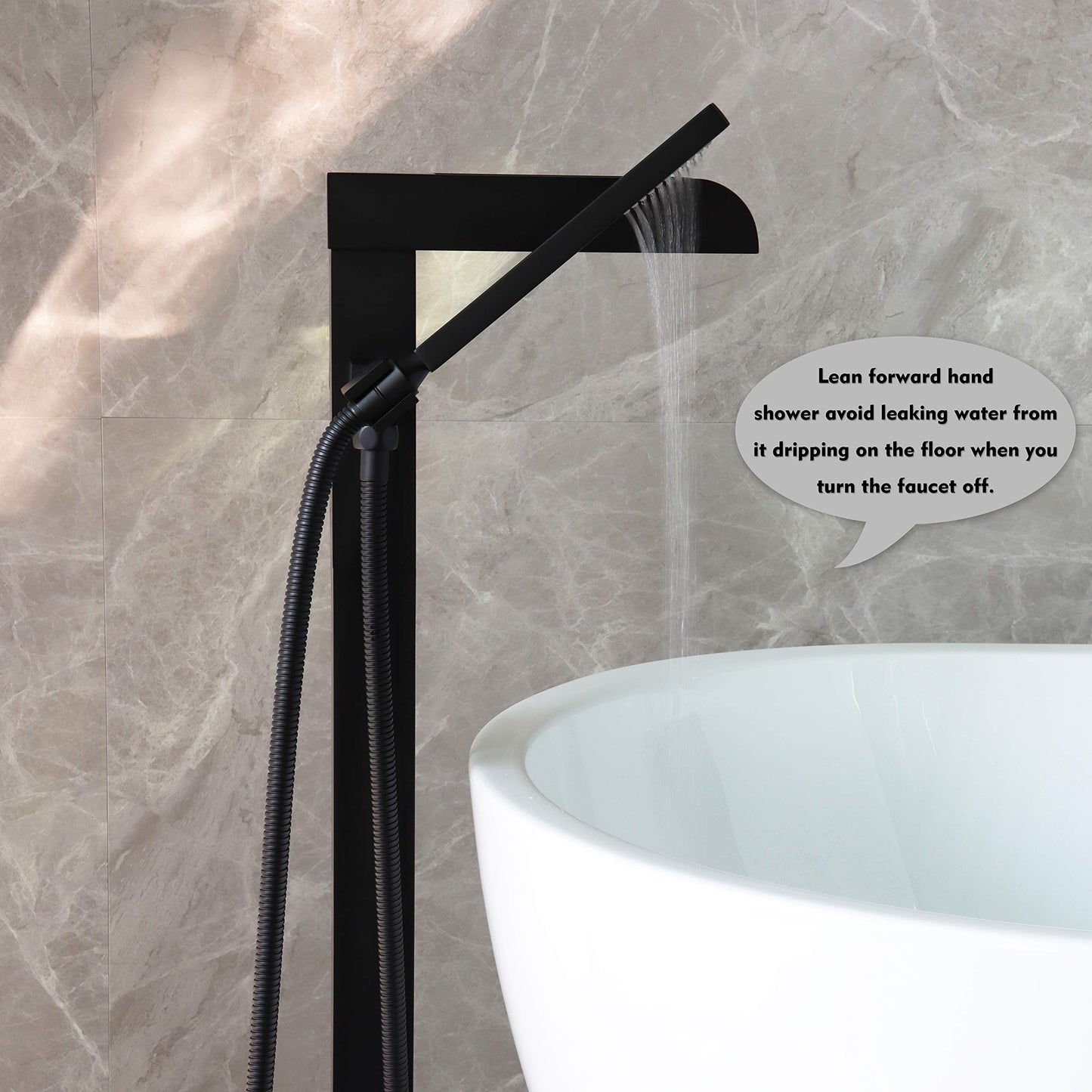 High Flow Freestanding Bathtub Faucet Waterfall LLGG Tub Filler Black 11.9GAL Floor Mount Bathroom Faucets with Handheld Shower Sprayer RIGOBAL