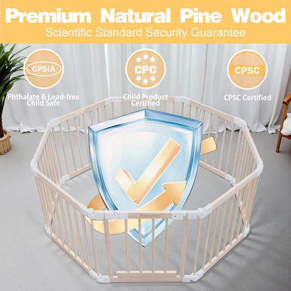 Foldable Wooden Playpen for Babies and Toddlers, Baby Play Pen with Gate, Portable Baby Fence Indoor Activity Center, Adjustable Size & Shape, 51"x 51", 8 Panels