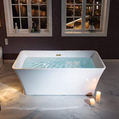 WOODBRIDGE 59" Acrylic Freestanding Bathtub Contemporary Soaking White Tub with Brushed Gold Overflow and Drain，BTA1509 -BG-Drain &O