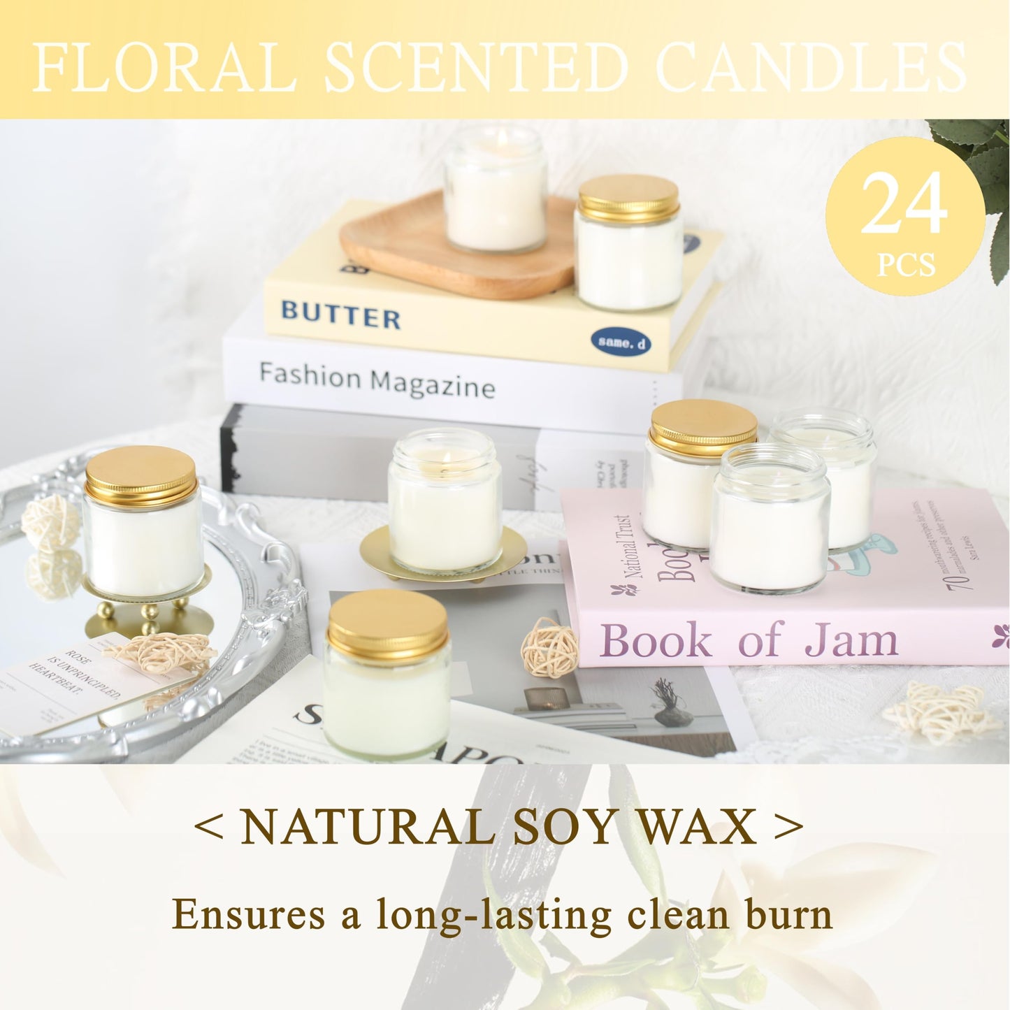 Cmoott 24 Pcs 4 Oz Mason Jar Candles, Vanilla Scented Soy Candles Bulk Set for Stress Relief and Relaxation, Great Favors for Wedding, Christmas, Housewarming Gifts (Gold, Vanilla, 24)