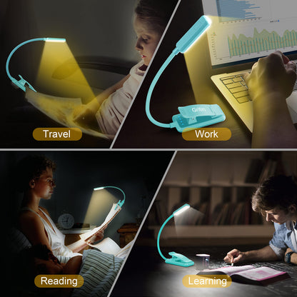 Gritin 9 LED Rechargeable Book Light for Reading in Bed - Eye Caring 3 Color Temperatures,Stepless Dimming Brightness,80 Hrs Runtime Small Lightweight Clip On Book Reading Light for Studying