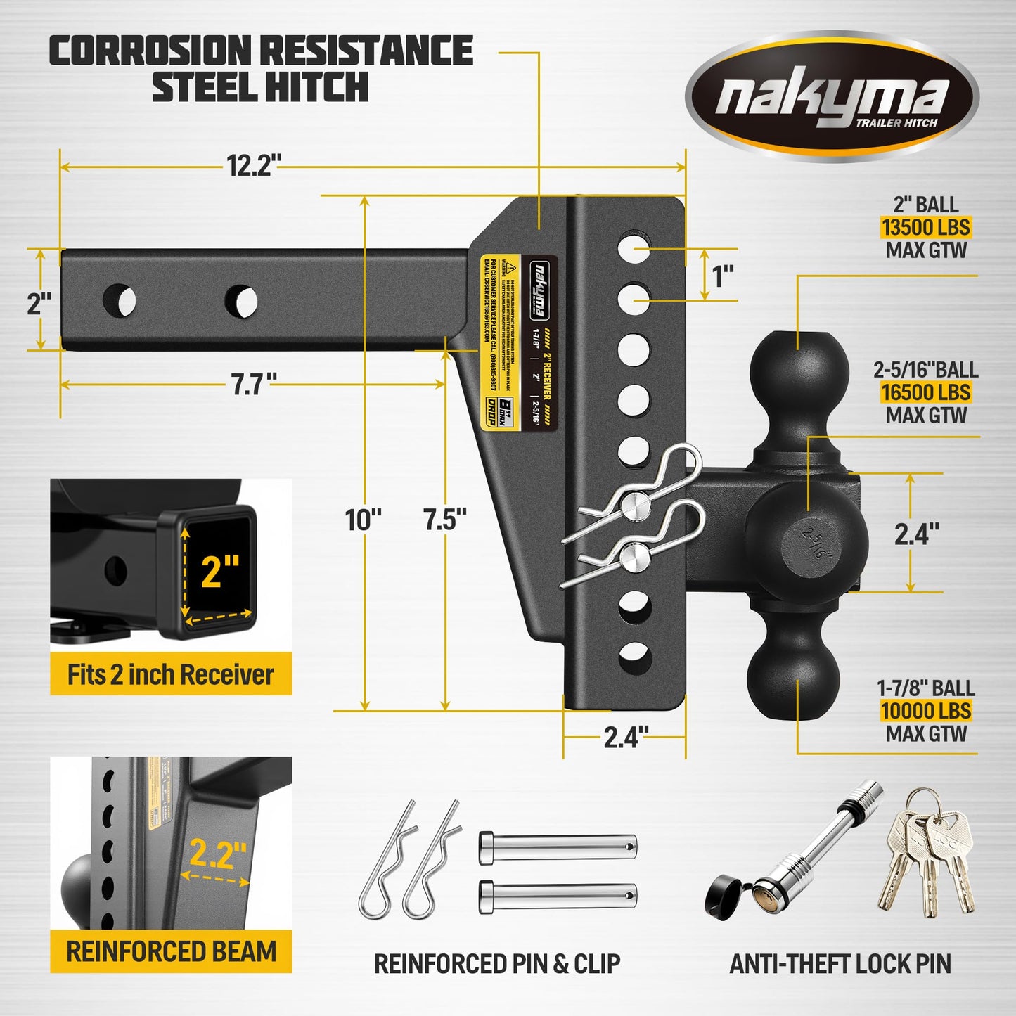 Adjustable Drop Hitch, 8 Inch Drop Down Trailer Hitch, Tri-Ball(1-7/8'', 2'', 2-5/16'') Tow Hitch, Fits 2-Inch Receiver, Max 16,500 LBS GTW - Truck Hitch with Double Anti-Theft Pins Locks