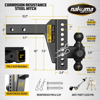 Adjustable Drop Hitch, 8 Inch Drop Down Trailer Hitch, Tri-Ball(1-7/8'', 2'', 2-5/16'') Tow Hitch, Fits 2-Inch Receiver, Max 16,500 LBS GTW - Truck Hitch with Double Anti-Theft Pins Locks