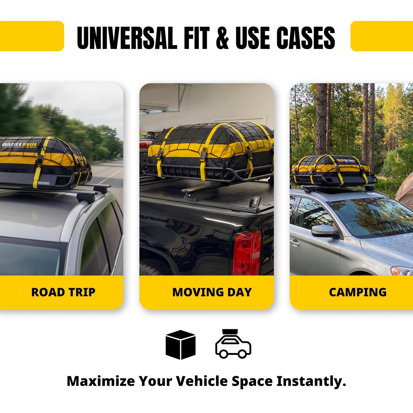 MaxxHaul 51210 Roof Rack Cargo Carrier Set Steel 46" x 36" Basket with 44" x 34" x 17" Roof Bag, 36" x 60" Cargo Net, and Two 1" x 15 ft Ratchet Straps 150 lb Capacity
