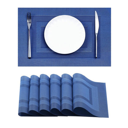 Leetaltree Blue Frame Placemats Set of 6 - Heat Resistant Non-Slip Place mats for Dining Table, Washable Durable PVC Vinyl Woven Table Mats（Blue Frame, 6）