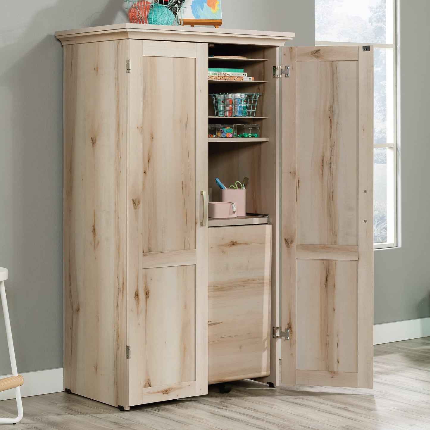 Sauder Miscellaneous Storage Craft & Sewing Armoire (Pacific Maple) HomePlus Two Door Storage Pantry Cabinet (Pacific Maple Finish)