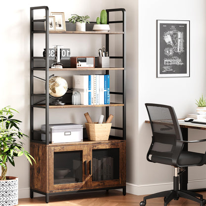 GarveeHome Bookshelf with Doors Industrial Bookcase with 4 Tiers Open Storage Shelf 70.87 in Tall Bookshelves Rustic Display Rack Cabinet for Bedroom, Living Room, Home Office, Brown