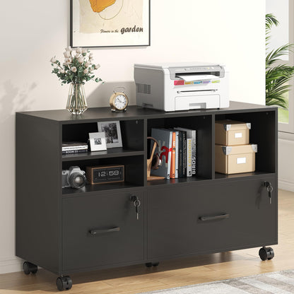 kepptory 2 Drawer Wood Mobile Large Lateral File Cabinet, Lockable Rolling Filing Cabinet with Storage Shelves, Printer Stand Office Storage Cabinet for Home Office Fits Files Legal/A4, Black