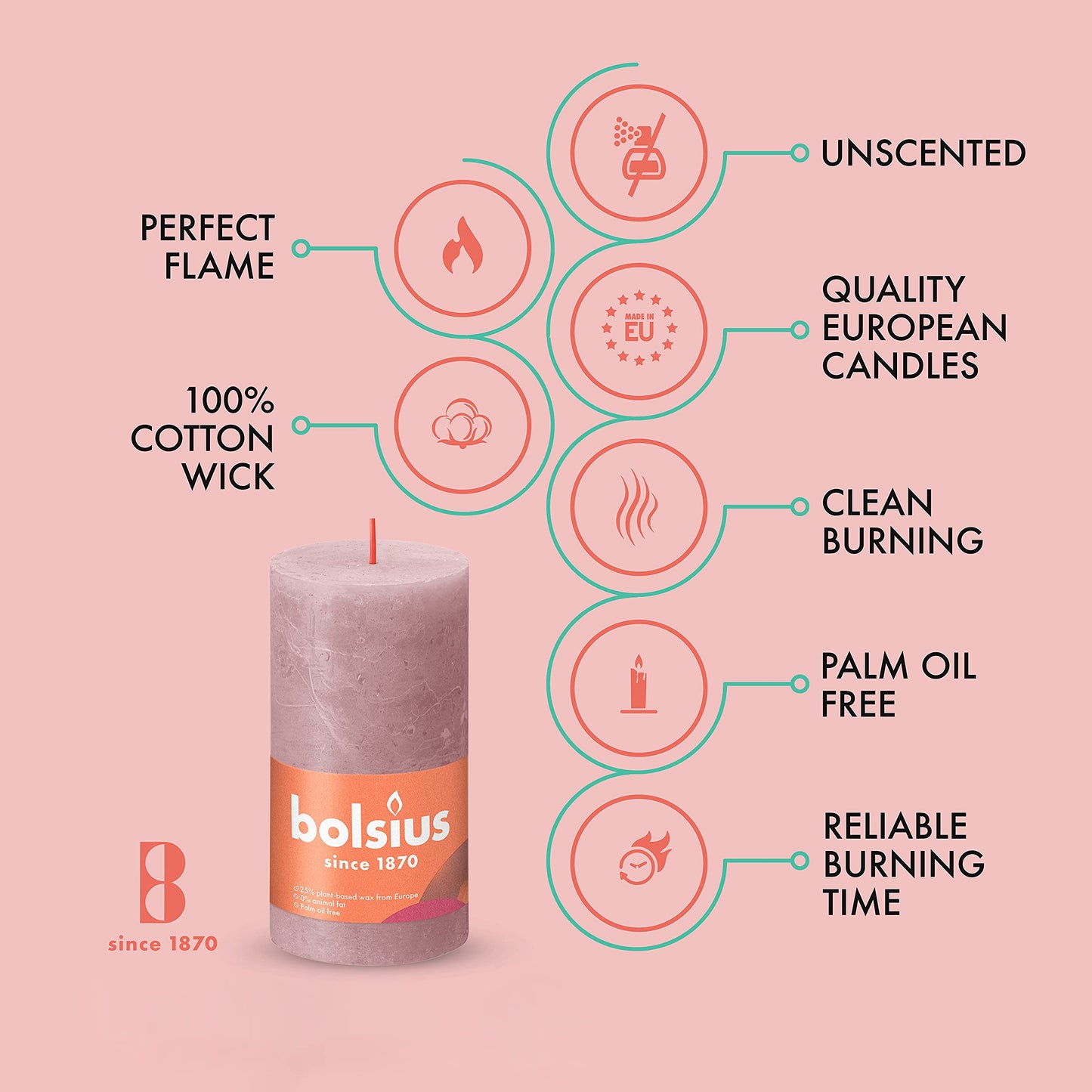 BOLSIUS 4 Pack Ash Rose Rustic Pillar Candles - 2.75 X 5 Inches - Premium European Quality - Includes Natural Plant-Based Wax - Unscented Dripless Smokeless 60 Hour Party Décor and Wedding Candles