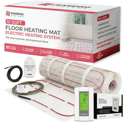 Warming Systems 10 Sqft Electric Radiant Floor Heating Mat – 120V Heated Tile Floor System with Programmable Thermostat (TH115), Floor Sensor, Installation Monitor & 25 Year Warranty, USA Made