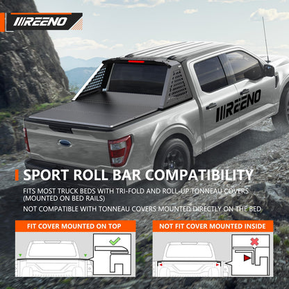 Roll Bar for Full-Size Pickup Trucks - Universal Truck Bed Rack & Chase Rack with Third Brake Light Combo, Heavy Duty Headache Rack, No Drilling
