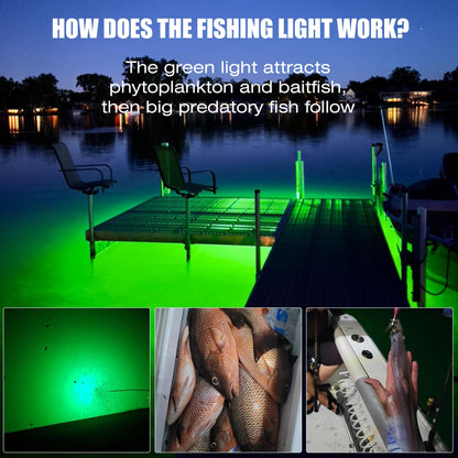 HUSUKU FS0-2 LED Underwater Fishing Light, 12V & 110V, 200W 20,000LM Super Bright, 16inch 16.4ft Cable, IP68 Submersible, Green Fish Attractor Lamp for Snook Crappie Squid Shrimp Night Fishing