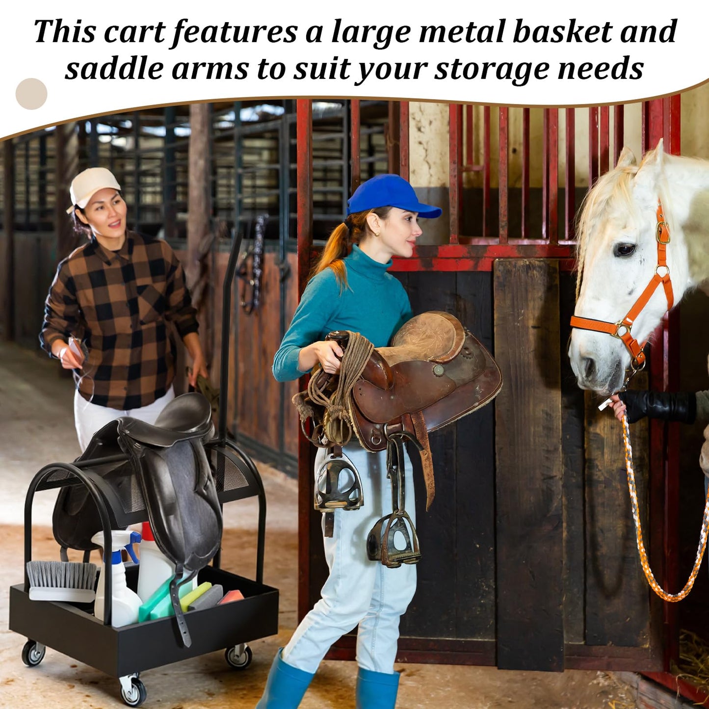 Metal Rolling Saddle Rack Cart with Basket Storage Box Built-in Grooming Organizer Fits Western English Saddles 360° Swivel Wheels Heavy Duty Caster for Tack Room, Bridle, Horse Lovers, Cowboy