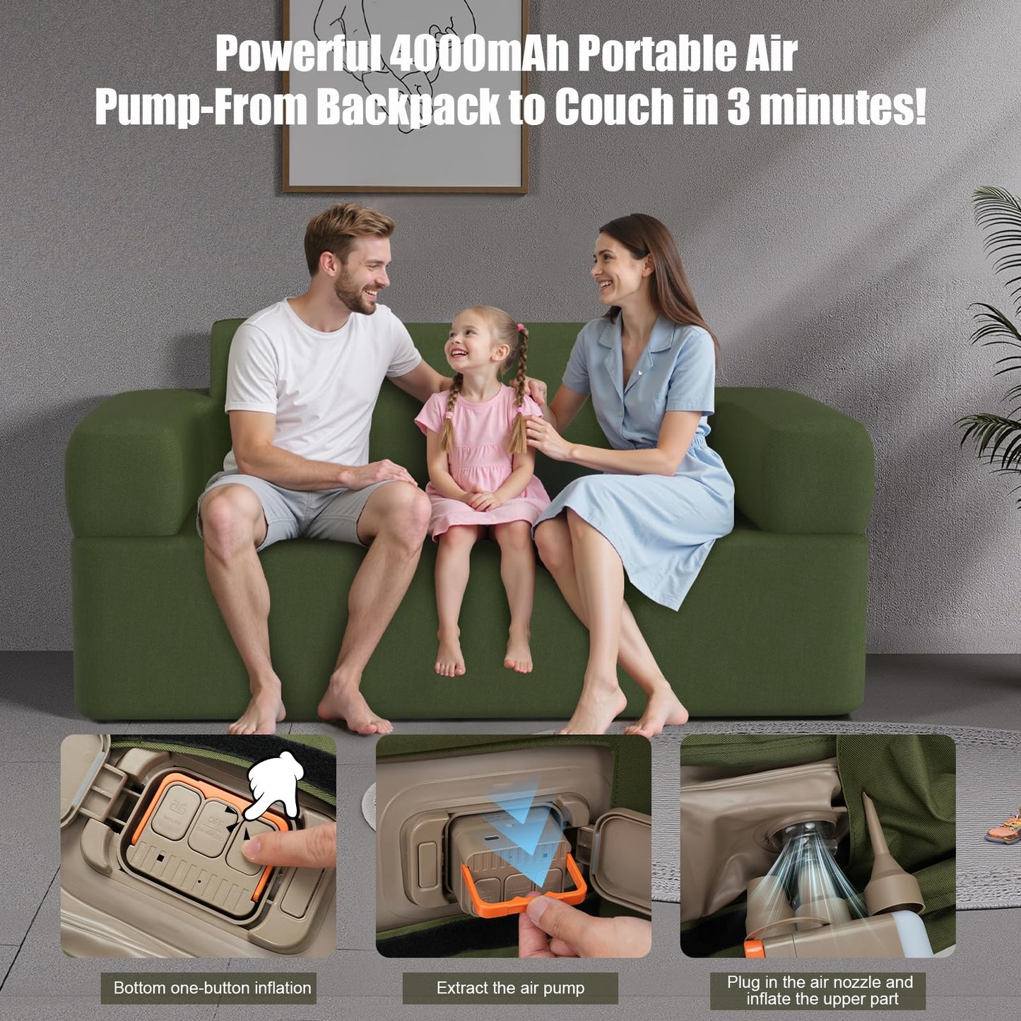 QSRXGSB Double-Layer Inflatable Couch with Built-in Pump - Automatic Air Sofa Chair, Super Tough & Tear-Resistant Fabric for Camping, Outdoor, Travel, Home Use (Portable Luxury Comfort)