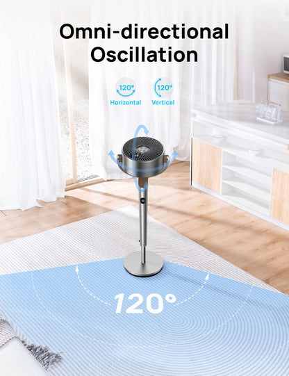 DREO Fan for Bedroom, 120°+120°Omni-directional Oscillating Fan, 90ft, DC Motor, 20 dB Quiet Standing Pedestal Fans, 8 Speeds, 3 Modes Circulator with Remote, 35-40" Adjustable Height, 8H Timer